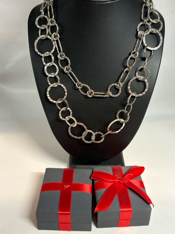 Two Hammered Textured Silver Circle Necklaces Individually Boxed