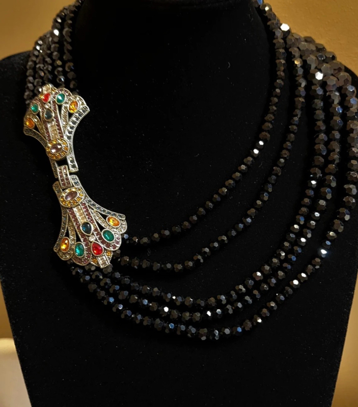 Elegant Heidi Daus signed art deco black multi-strand collar STATEMENT NECKLACE Signed Boxed