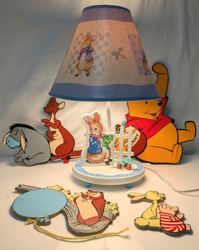 Vintage Children's Peter Rabbit Table Lamp & 4 Disney's Winnie the Pooh Character Cut-Outs Wall Art