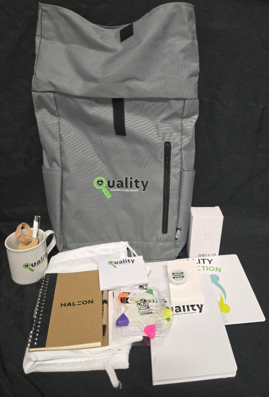 New | Quality Welcome Bag | Includes But Isn't Limited To; Rechargeable Battery Pack, Note Books, A Water Bottle, A Computer Mouse & More! ( Tallest Item Measures 10.5" ) | Bag Measures 11" x 5" x 21"