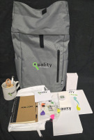New | Quality Welcome Bag | Includes But Isn't Limited To; Rechargeable Battery Pack, Note Books, A Water Bottle, A Computer Mouse & More! ( Tallest Item Measures 10.5" ) | Bag Measures 11" x 5" x 21"