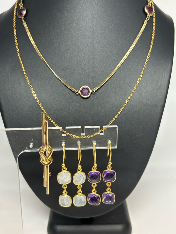 Bezel Crystal Necklaces Moonstone & Purple Drop Earrings Bar Brooch