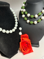 Vintage Green Wood White Bead Necklace & White Bead w Earrings