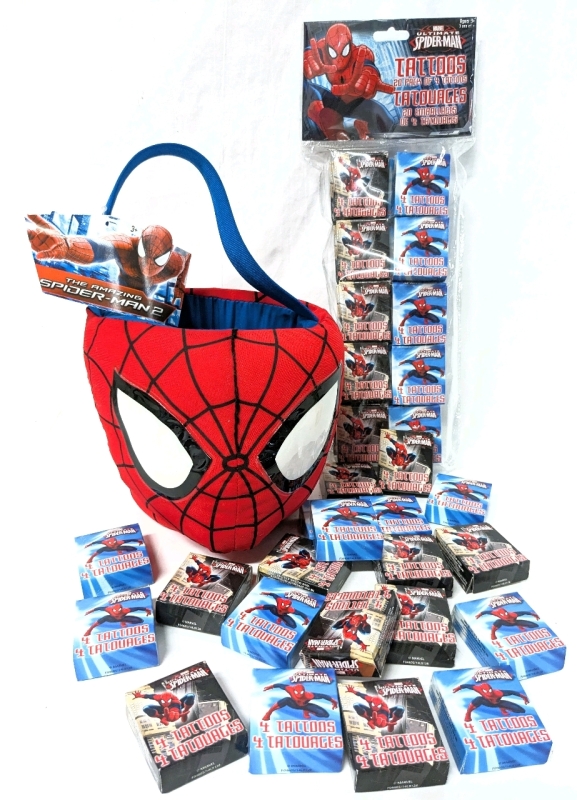 New Plush Amazing Spider-Man 2 Treat Basket (6.5" Tall) & 40 New Packs of Ultimate Spider-Man Temporary Tattoos | 4 Tattoos per Pack