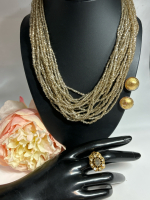 Japan Multistrand Art glass bead Necklace Gold Foiled Clips Cocktail Ring