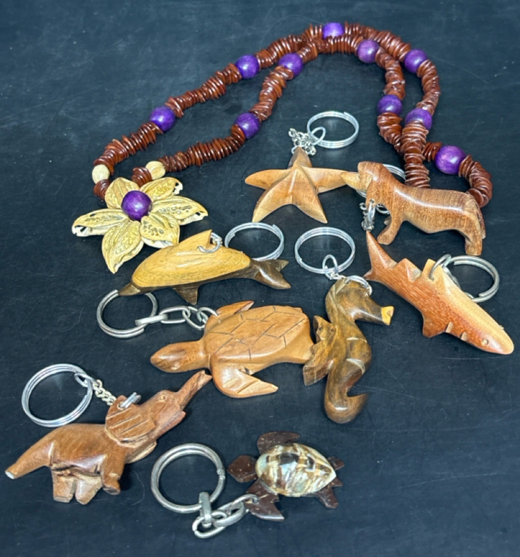 Hawaiian Nut Seed Necklace Wooden Animal & Ocean Sea Life Key Chains