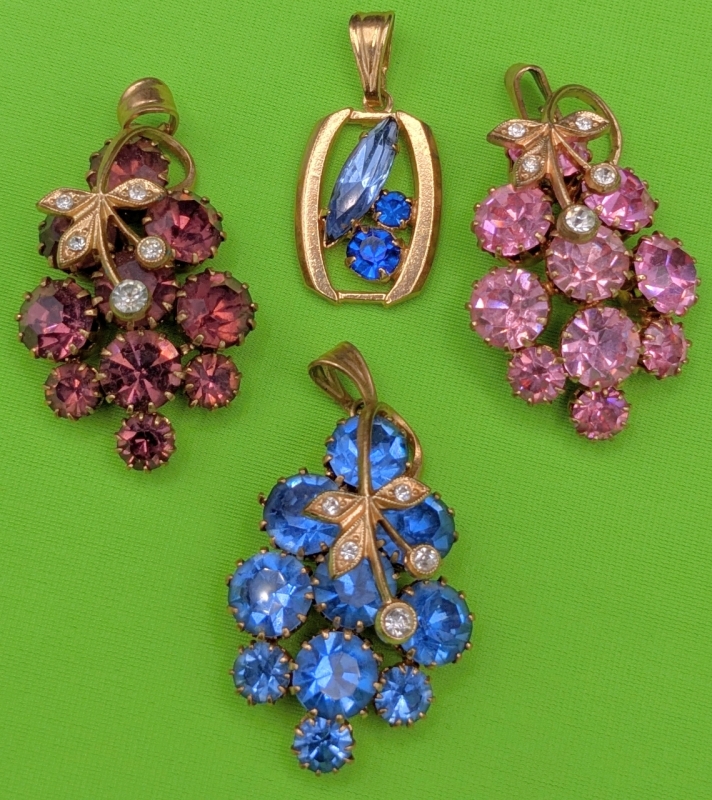 4 Gorgeous Vintage Gold Tone & Coloured Rhinestone Pendants | 0.8" - 1.5" Long