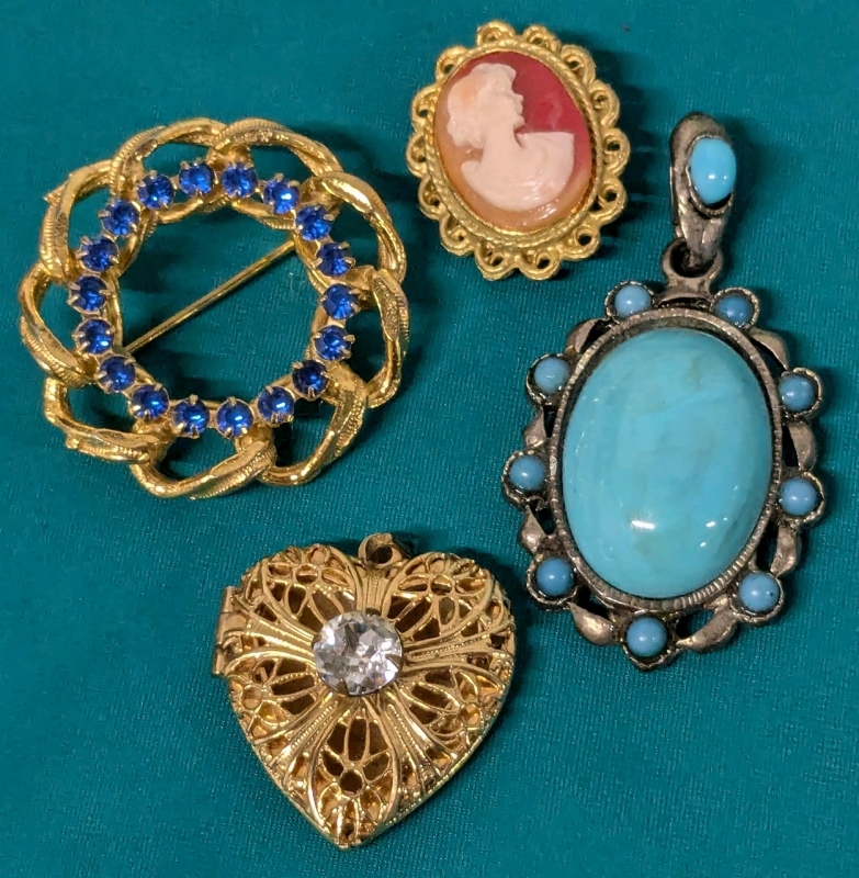 2 Vintage Pendants (incl Heart Locket), Gold Tone Wreath Brooch with Blue Rhinestones & Beautiful Shell Cameo Scarf Ring