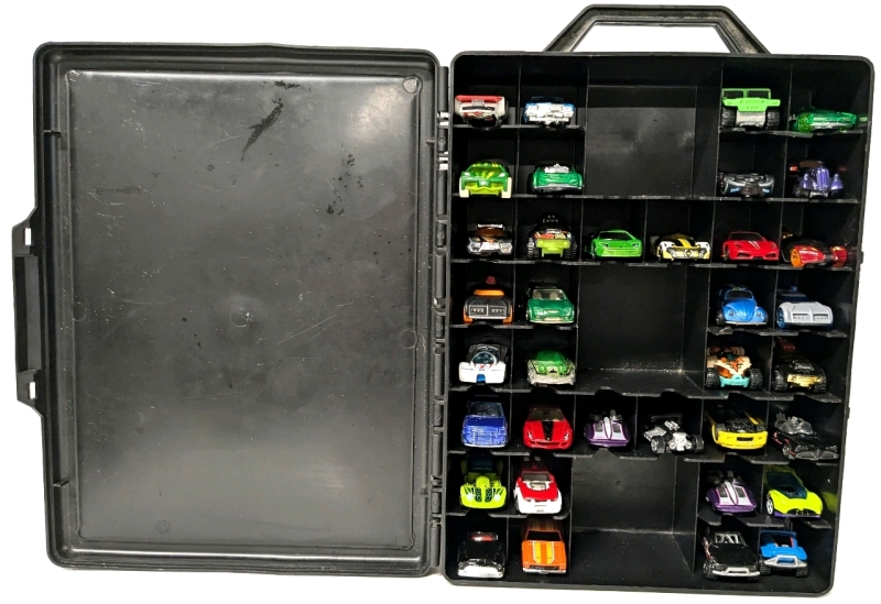 36 Assorted Vintage to Modern Hot Wheels Toy Cars in Plastic Carrying Case | Case Measures 9.75" x 3.75" x 13.25"