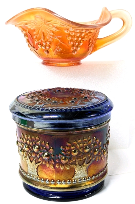 Vintage Carnival Glass | Unsigned Fenton Orange Tree Lidded Powder Jar & Iridescent Marigold Grape Pattern Handled Dish