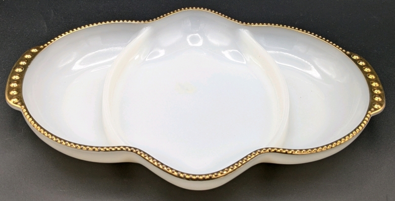 Vintage Anchor Hocking Fire King Milk Glass Separated Serving Dish with Gold Trim