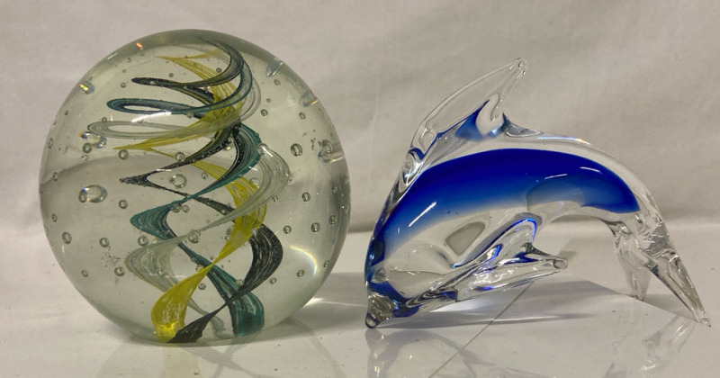 Vintage Paperweight & Dolphin Art Glass