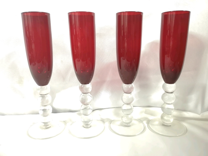 4 Vintage Red Glass Glasses - 10" Tall