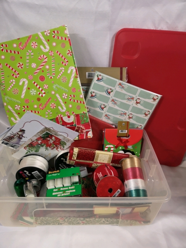 Great Christmas Lot - Labels, Ribbon, Tape, Cards Tissue Paper + Storage Tote