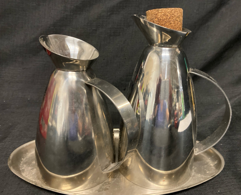 2 Vintage Metal Pitchers made in Italy With Tray tallest is 5.5”