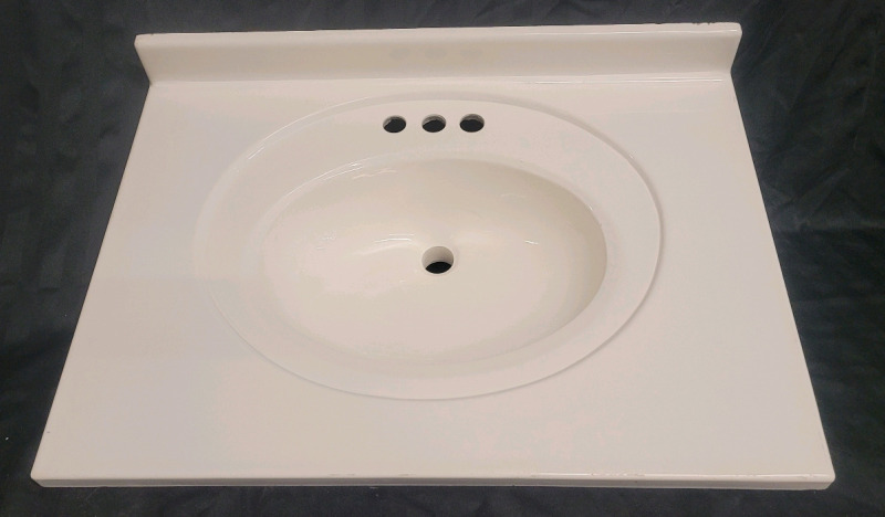 Large Bathroom Vanity Sink Top with Back Splash . Measures 31 3/16"&times;22 1/4" . Scuff marks & chips on Corners present