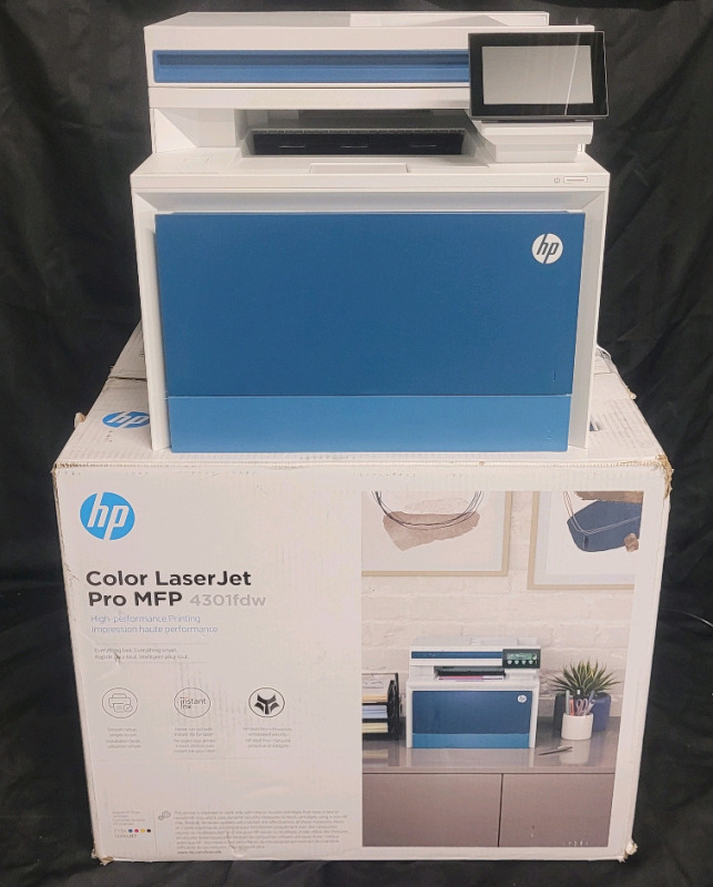 As New , Open Box - HP Multi-Function Color LaserJet Pro Print , Model # MFP-4301fdw . Tested Powers Up , Not Tested Beyond Power Up . Retail $700 . Requires Ink