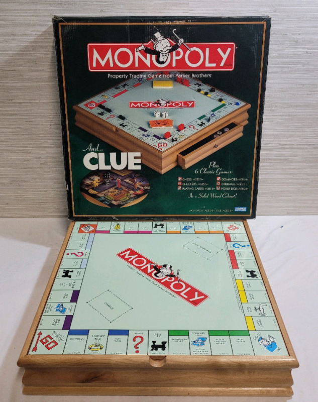 New - Monopoly & Clue Board Game Wood Case Edition plus 6 Classic Games .