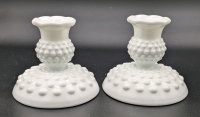 Pair of Vintage Hobnail Milk Glass Candle Holders | 4" Diam Base x 3 5" Tall ea