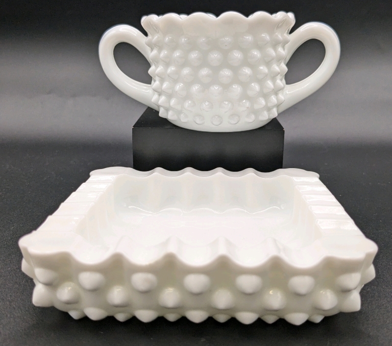 Vintage Unsigned Fenton Hobnail Milk Glass Ashtray & Double Handled Bowl