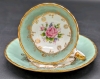 Stunning Vintage Aynsley Sage Green & Gold Pink Rose Tea Cups & Saucer