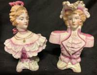 Vintage Halsey 1853 Bisque Porcelain Victorian Couple Busts largest 7” tall No Chips or Cracks