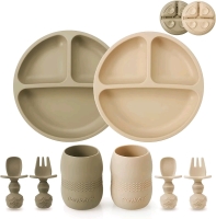 New PandaEar Silicone Baby Feeding Set | 2 Place Settings : Divided Suction-Bottom Plates, Tiny Cup + Spoon & Fork