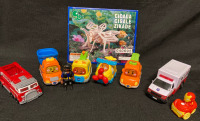 Assortment of Children&rsquo;s Toys incl V tech Go! Go! Smart Wheels, Paw patrol , Cicada Wooden Puzzle . Tallest Vtech 3&rdquo;