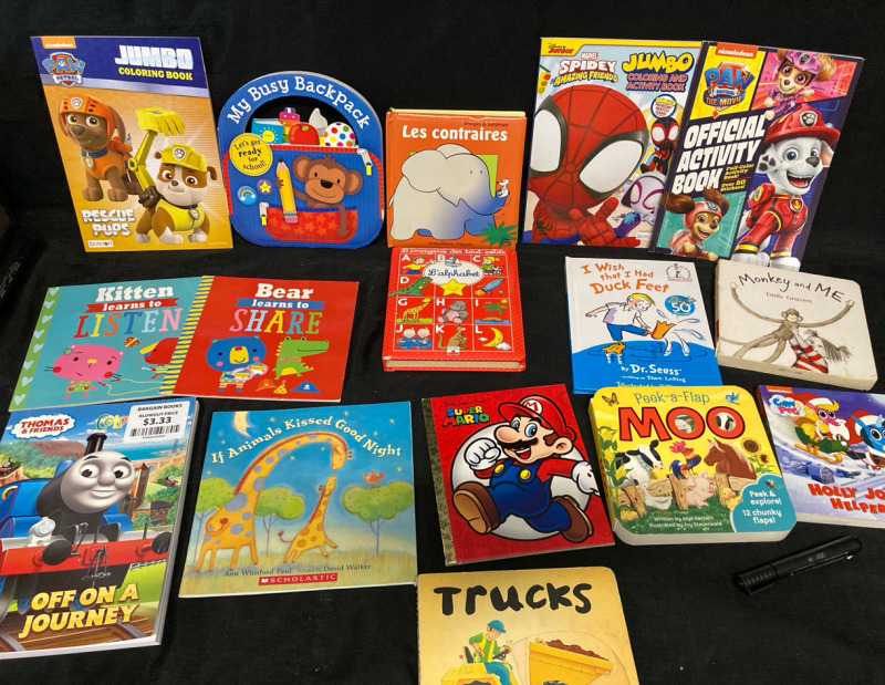 Assorted Children’s Books Paw Patrol, Marvel Spidey, Thomas & Friends, Super Mario. Hard & Soft Covered, Board Books, Coloring Books , 2 French Books