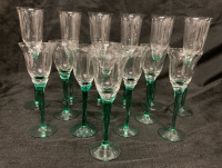 6 French Vintage Turquoise Teal Stemmed Luminarc Crystal Champagne Flutes + 8 MCM Green Stem Port Glasses Tallest is 9 3/4 &ldquo;