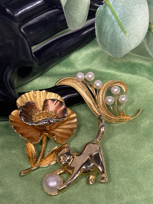 Brooch Trio Cat Playing with Gaux Pearl Two unsigned Vintage Designer Brooches