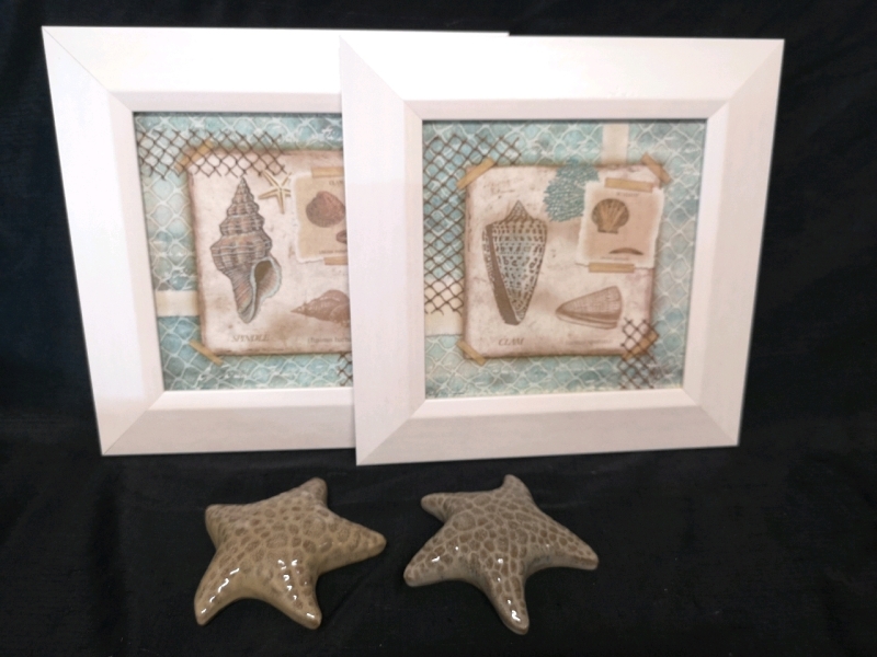 2 Framed 14.5" Shell Wall Art + Ceramic Starfish 6"