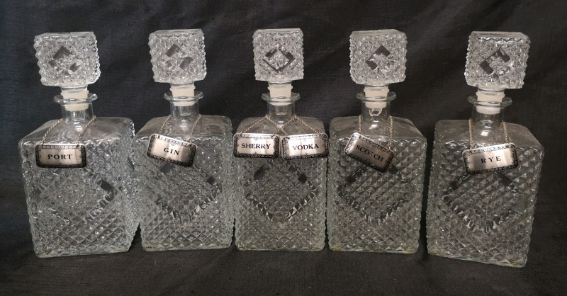 5 Vintage 9.75"H Glass Decanters with 6x Metal Liquor Tags