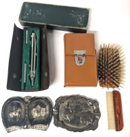 Assorted Vintage Finds: 2 Canadian Rockies Souvenir Ashtrays, Doric #9004 Combination Compasses in Case with Original Box, Lucite Brush & Comb Grooming Set with Case