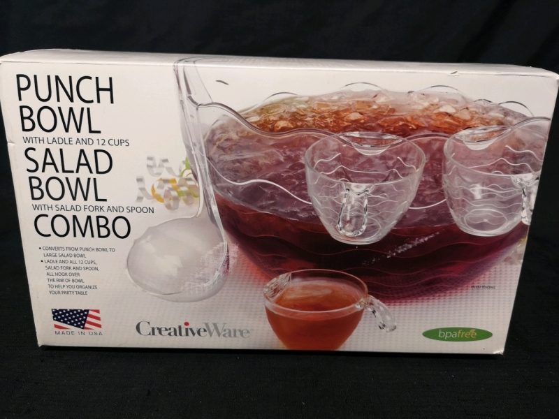 New CreativeWare Plastic Punch/Salad Bowl + 12x Cups+ Paddle+ Salad Fork & Spoon