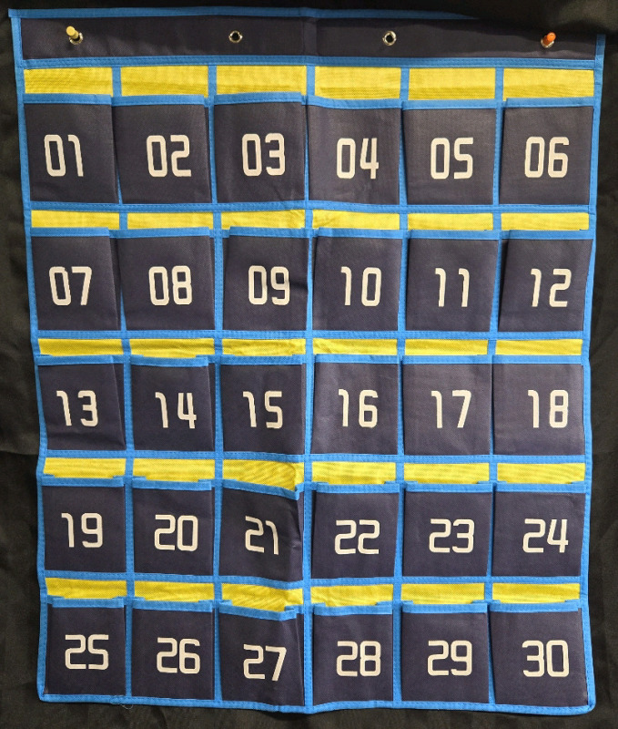 New | Numbered Classroom Sundries Closet Pocket Chart for Cell Phones | 30 Pockets Total ( 26.5" x 32" )<br/>