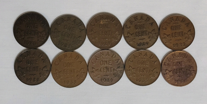 1920 - 1936 Canadian King George V Small Cent Penny Lot , 10 Coins