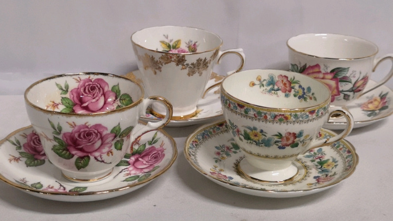 4 Vintage Teacups & Saucers - Foley, Melba, Collingwoods & Colclough