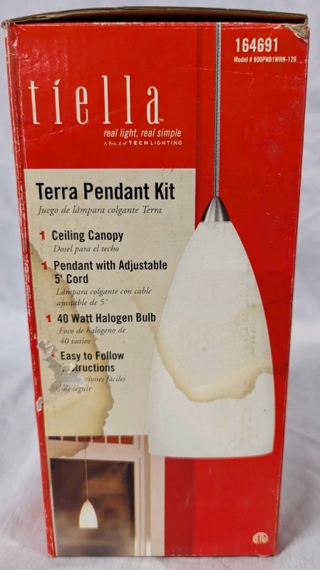 New Tiella Terra Pendant Light Kit. Adjustable 5' Cord. Unit Must be Hard Wired In