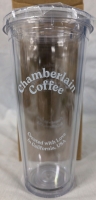 New "Chaimberlain Coffee" Plastic Tumbler With Straw. 8" Tall.