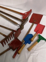 10 Vintage Children's Metal Garden Tools - Rakes, Shovel,& Hoes 6" to 30"L