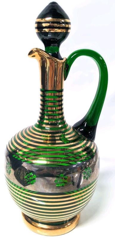 Vintage MCM Emerald Green Glass & Gold Gilt Decanter with Stopper | 11" Tall