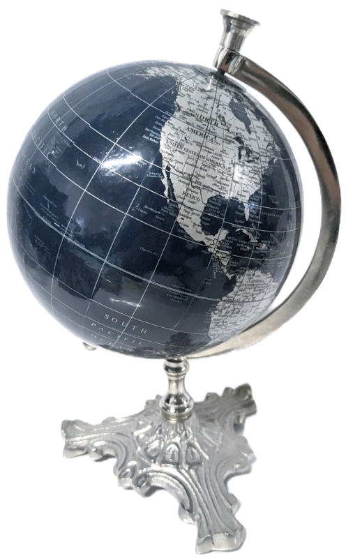 Neat Silver & Blue World Globe | 14.5" Tall