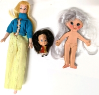 3 Vintage Dolls | 1969 Ideal Flatsy Rubber Doll with Platinum Hair, Mattel Liddle Kiddles & Topper Dawn Fashion Doll Clone Hong Kong | 2" - 7.5" Tall