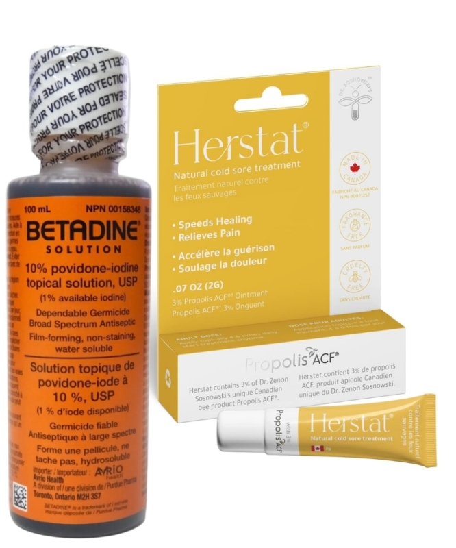 New Herstat Cold Sore Treatment (2g) & Betadine Topical Solution (100mg)