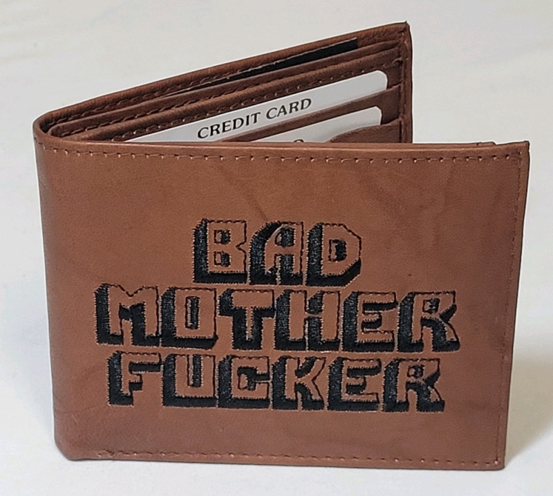 New - Pulp Fiction Jules Winnfield ' Bad Mother F@&ker ' Bi-Fold Leather Wallet . Stitched Lettering