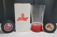 Vintage NY Islanders & Quebec Nordiques NHL Pucks and Budweiser Red Light Goal Beer Mug