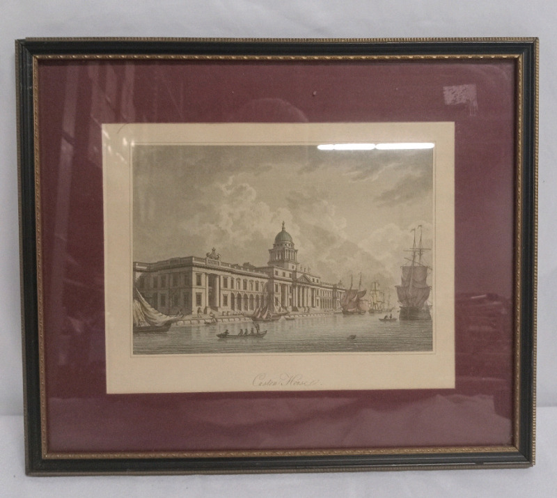 Antique Print Colored James Malton Custom House 8 1/2" x 6 1/2" Framed