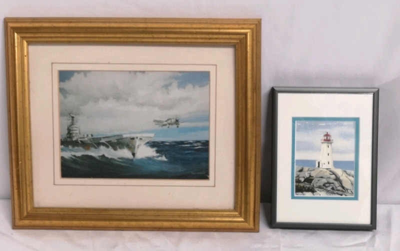 2 Framed Ship & Lighthouse Prints Signed Tony Warren & Morag W. - 13 & 5.5" W