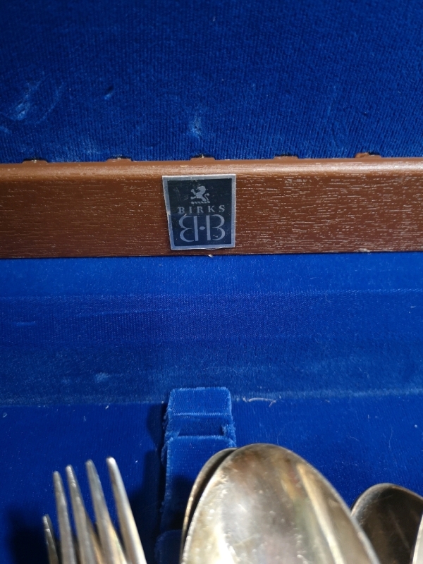 51 pc's Vintage Silver Plate Flatware in Birks Wooden Case - see Photos for Hallmarks